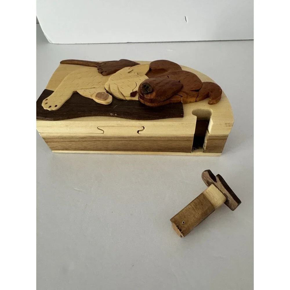 Carver Dans Best Friends Puzzle Box Dog And Cat Velvet Lined Handcrafted Wood